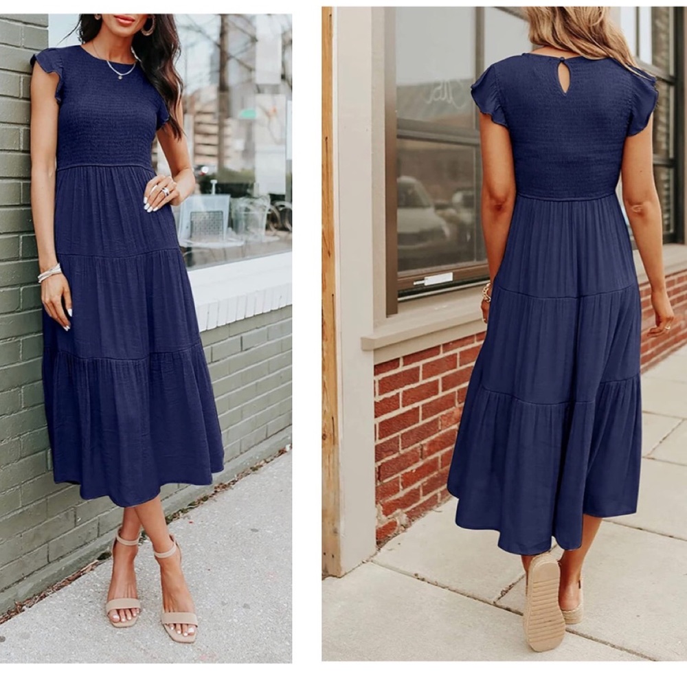 NWT Flutter Short Sleeve Smocked Midi Dress Summer Casual Tiered A-Line Dress